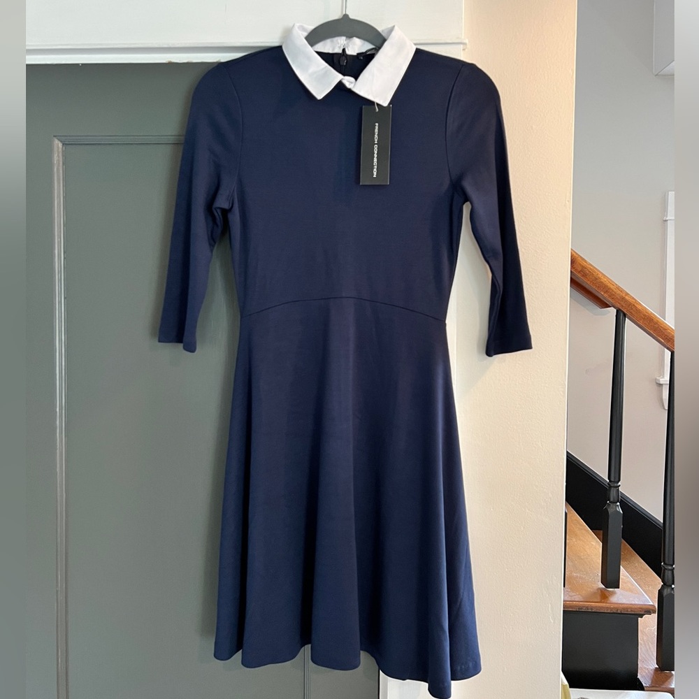 FRENCH CONNECTION: Navy Jersey Dress with 3/4 sleeves